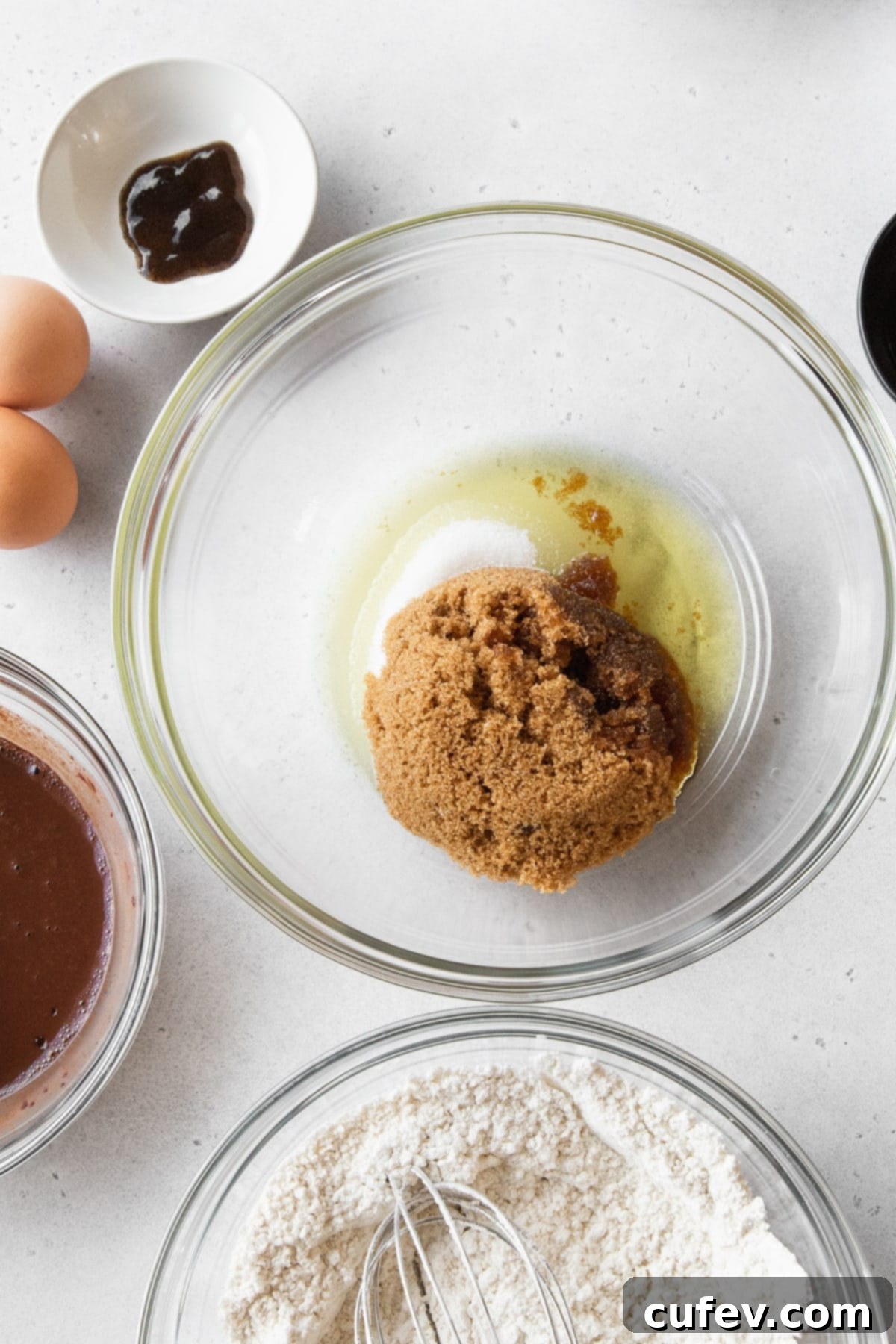 A clear glass bowl showcasing the wet ingredients for chocolate cupcakes: a mix of golden brown sugar, white granulated sugar, and clear oil, ready to be combined.