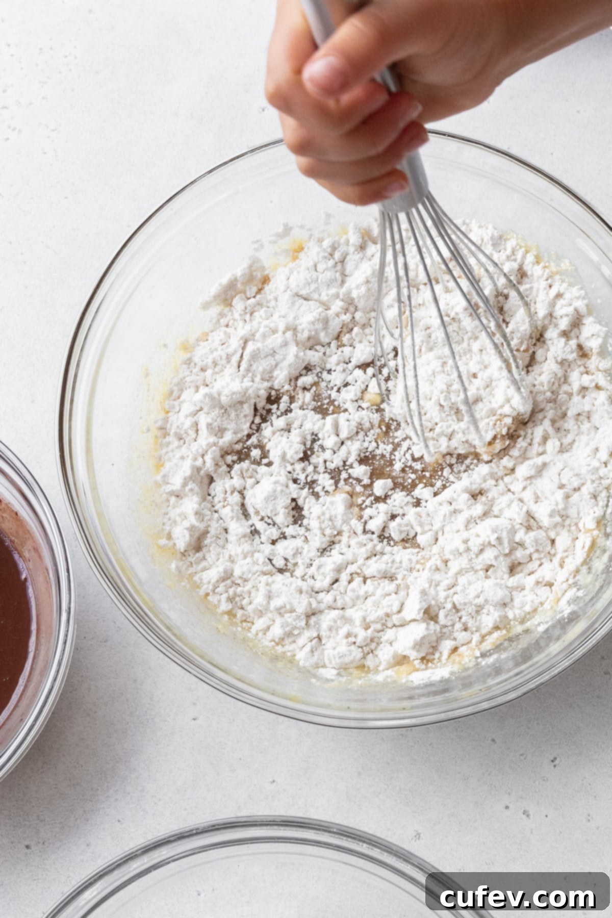 A baker's hand gently whisking the pre-mixed dry ingredients into the wet batter in a large glass bowl, ensuring a uniform consistency without overmixing.