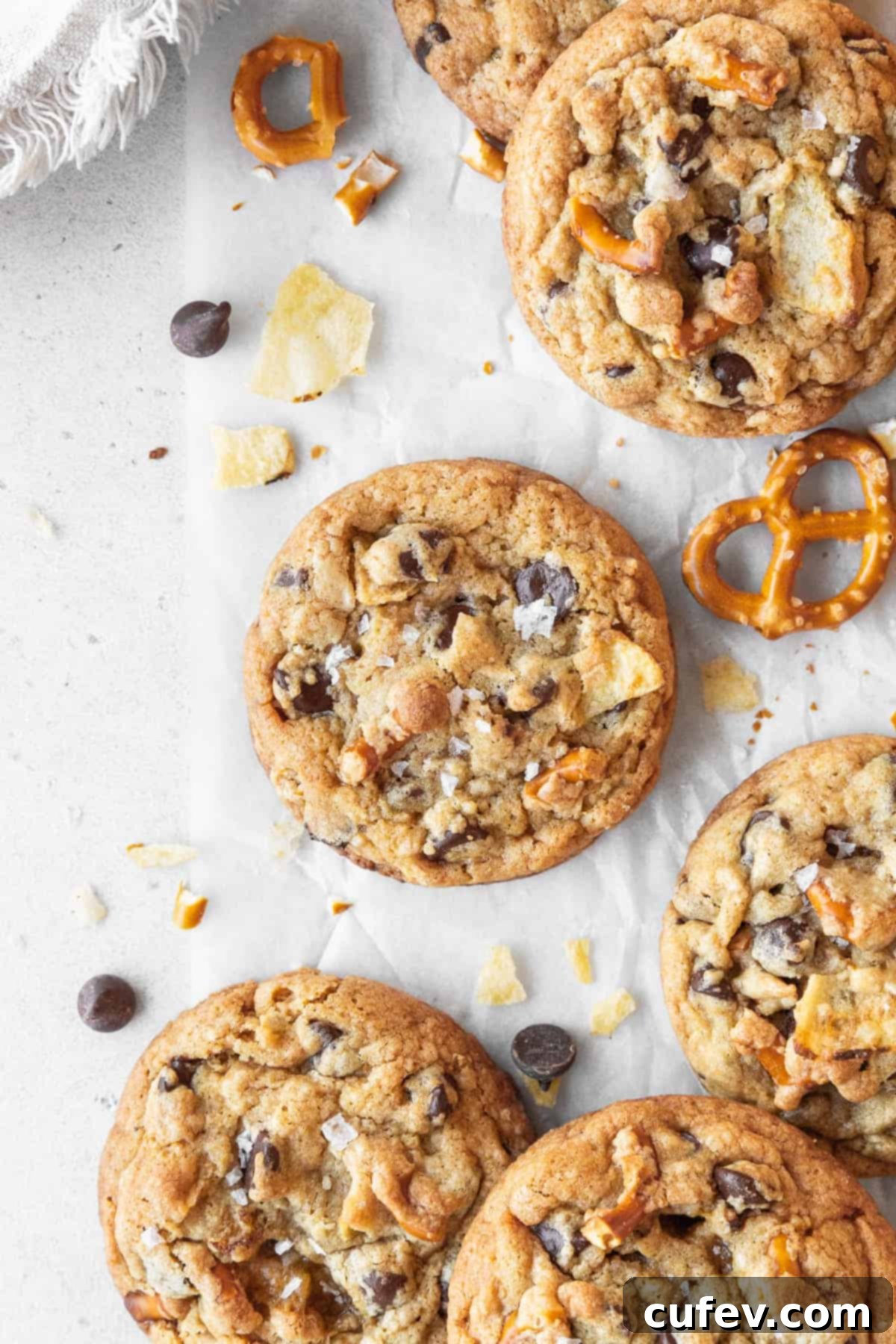Kitchen sink cookies scattered on a white surface surrounded by chocolate chips, crushed potato chips, and pretzels.