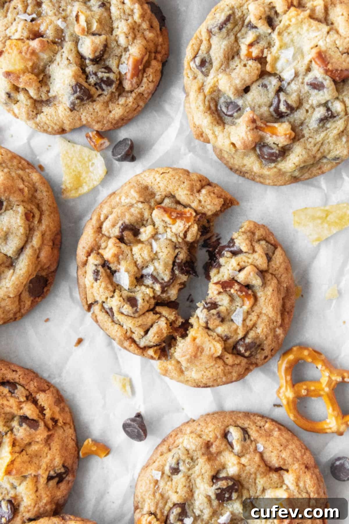 A everything but the kitchen sink cookie broken in half with more cookies scattered around.