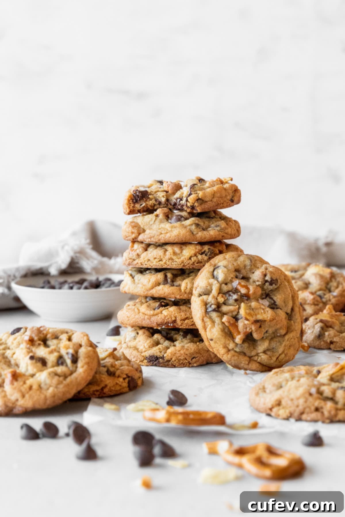 A stack of kitchen sink cookies on a light grey surface surrounded by more cookies.