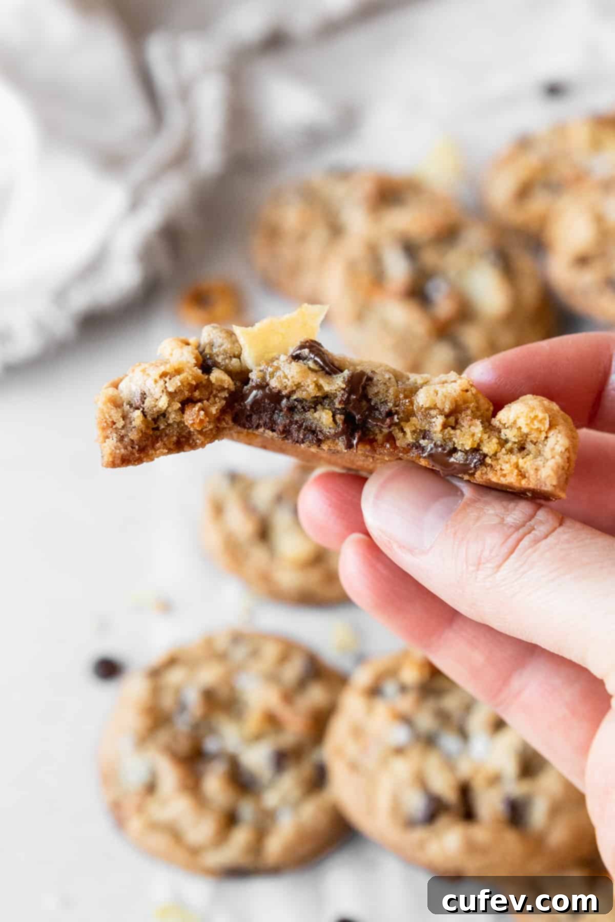 A hand holding a half eaten kitchen sink cookie.