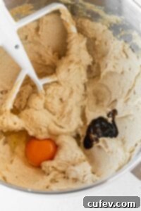 Vanilla paste and an egg added to the creamed butter in a metallic bowl.