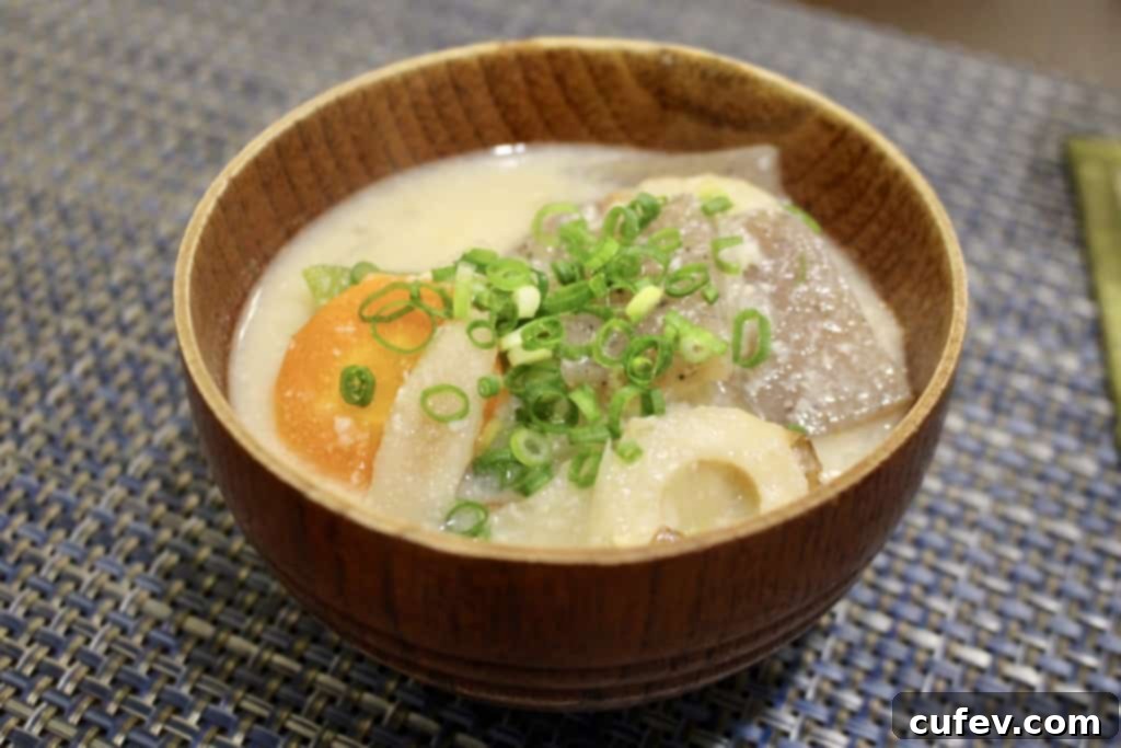 A bowl of hot Kasujiru Japanese sake soup, a comforting traditional dish.