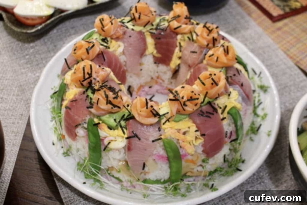 An elaborate sushi bundt cake, a creative and visually stunning savory main course.