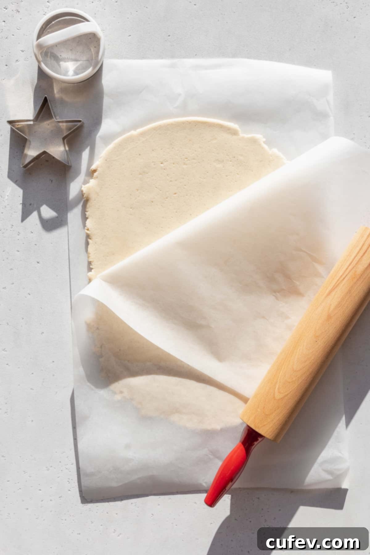 Gluten free sugar cookie dough rolled out between two sheets of parchment paper.