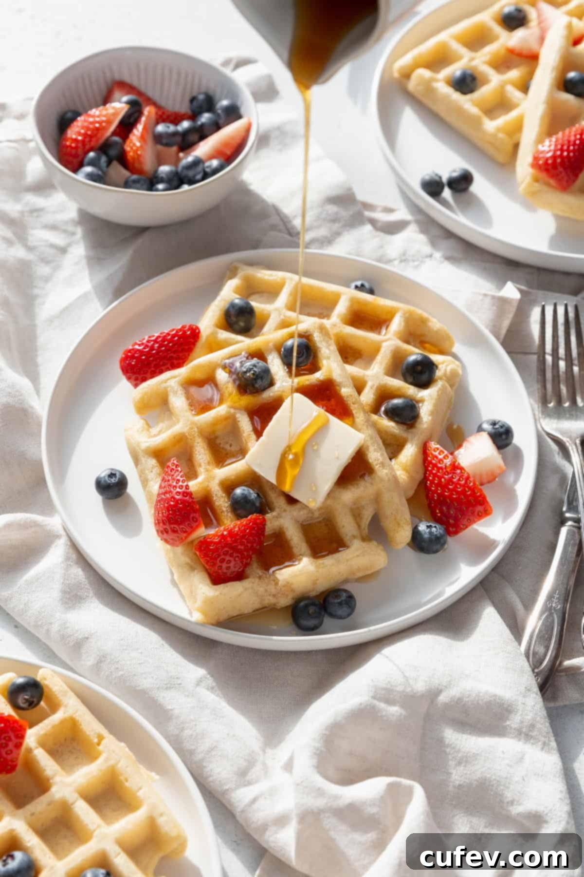 Two golden gluten-free waffles generously topped with vibrant fresh berries and drizzled with glistening maple syrup, ready to be enjoyed.