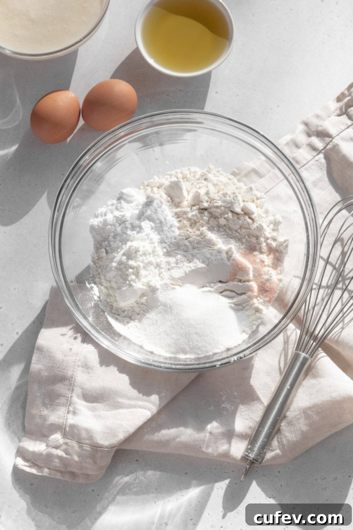 A glass bowl holds the carefully measured dry ingredients for homemade waffles, resting on a soft, natural linen cloth, awaiting the wet ingredients.