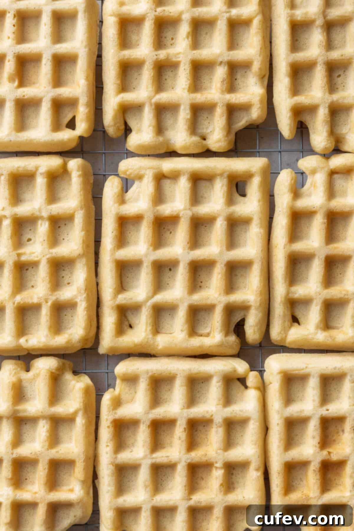 A batch of perfectly golden, crispy gluten-free waffles are cooling on a wire rack, preserving their texture before serving.