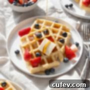 Two gluten-free waffles on a white plate with strawberries, blueberries, a pad of butter, and a drizzle of maple syrup.