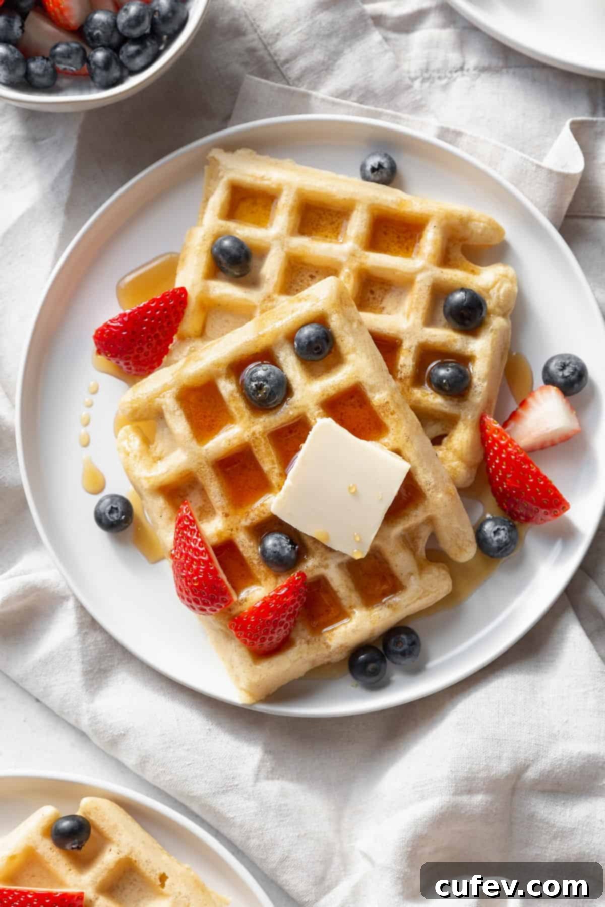A delightful plate of golden gluten-free waffles, adorned with a pat of butter, fresh blueberries, and vibrant strawberries, inviting a delicious breakfast.