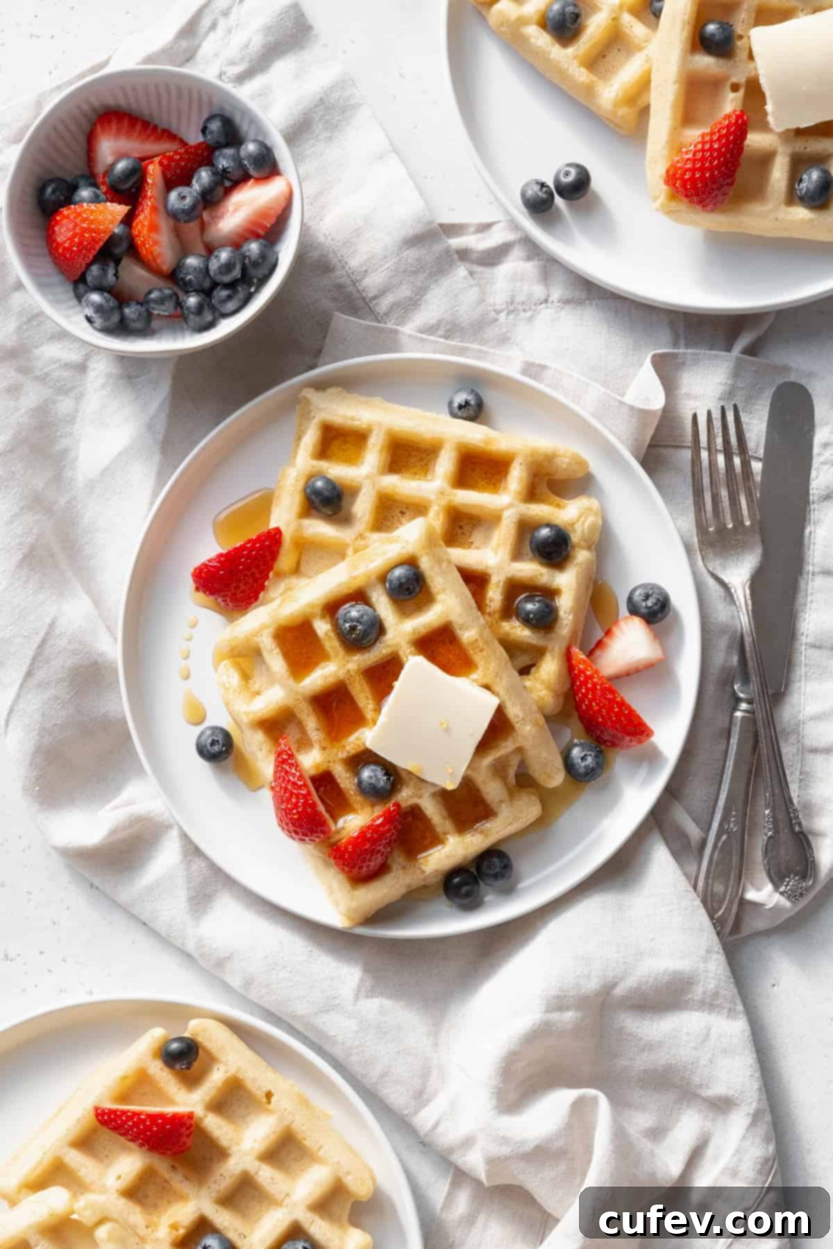 Multiple plates of delicious gluten-free waffles, adorned with pats of butter and a colorful mix of fresh berries, alongside a bowl of extra berries for sharing.