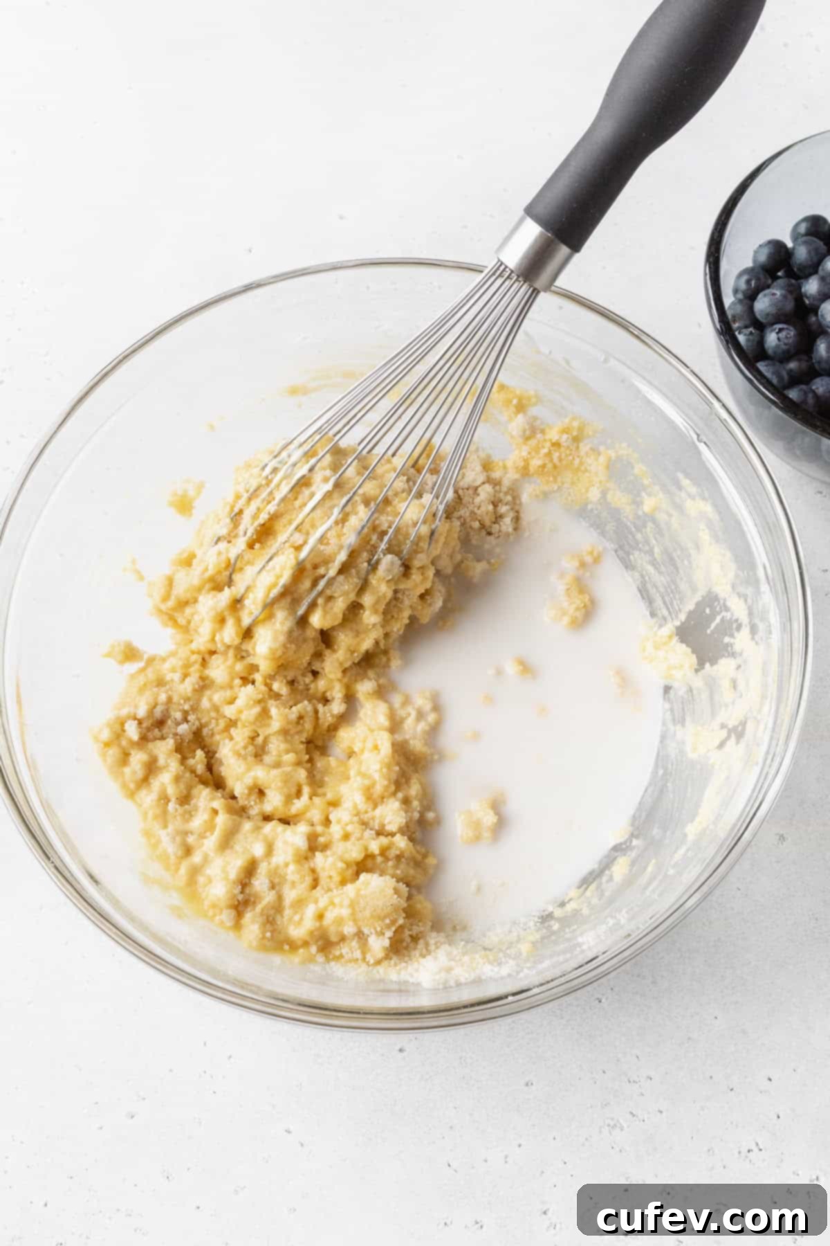 A whisk mixing coffee cake batter.