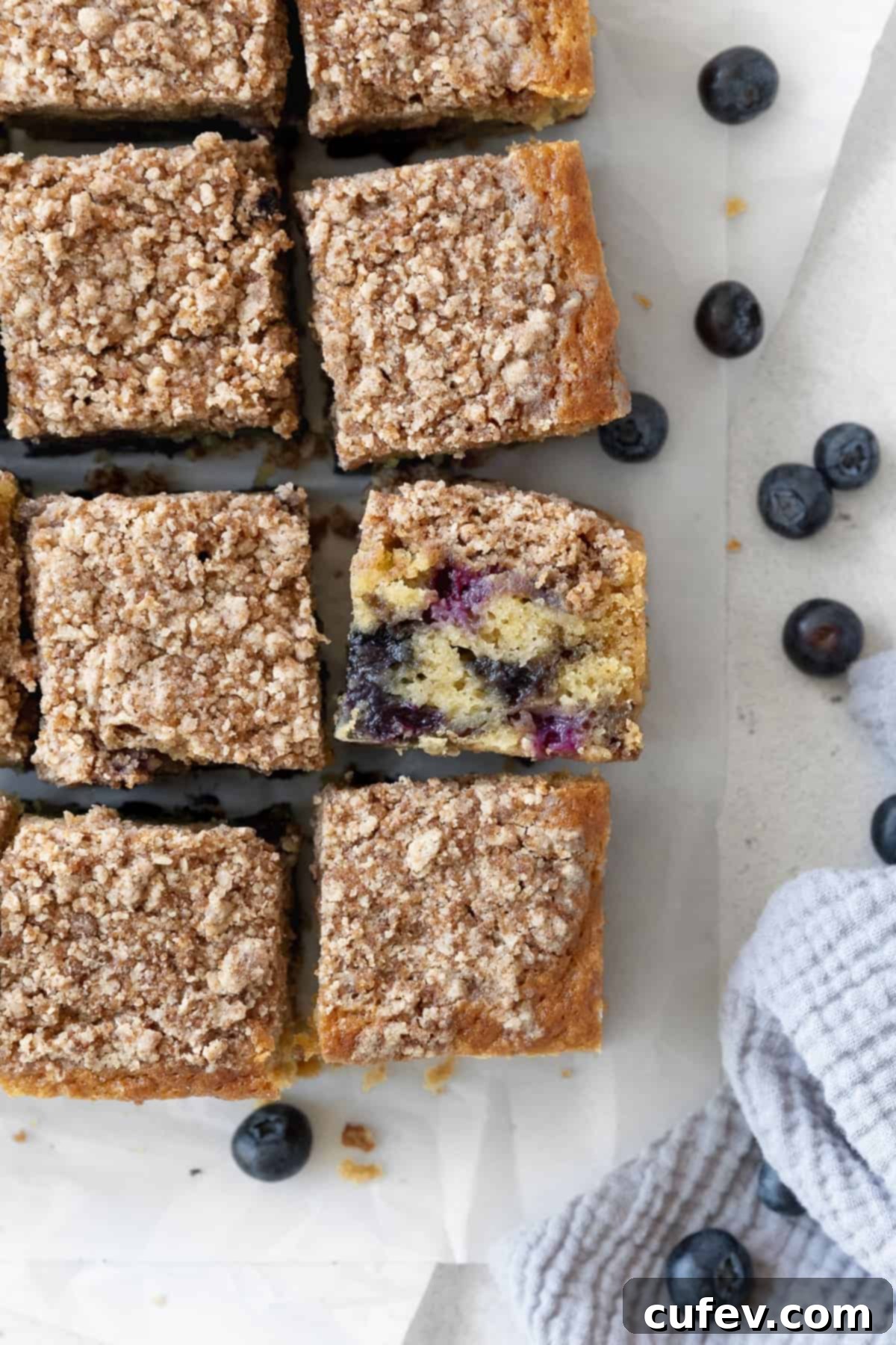 Overhead shot of blueberry coffee cake squares on parchment paper, with one tilted to show the inside of the cake.