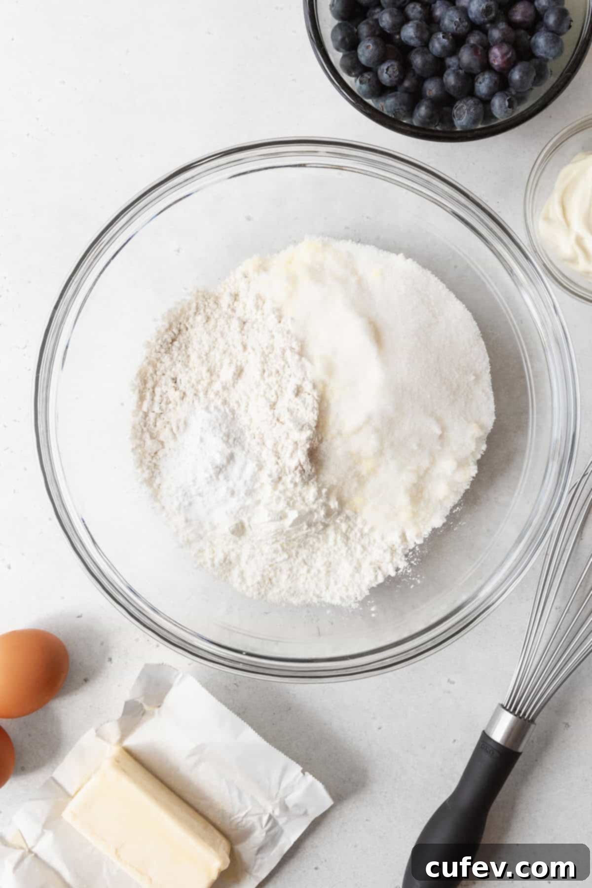 Dry ingredients of blueberry coffee cake in a large glass bowl.