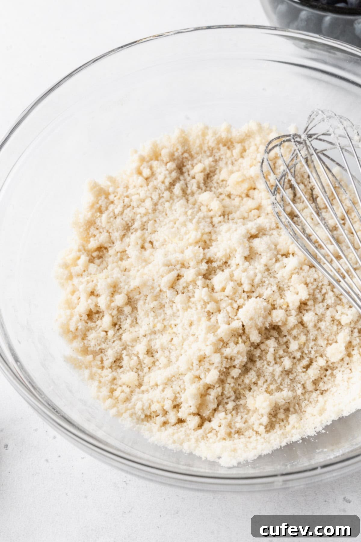 Dry ingredients in a glass bowl.