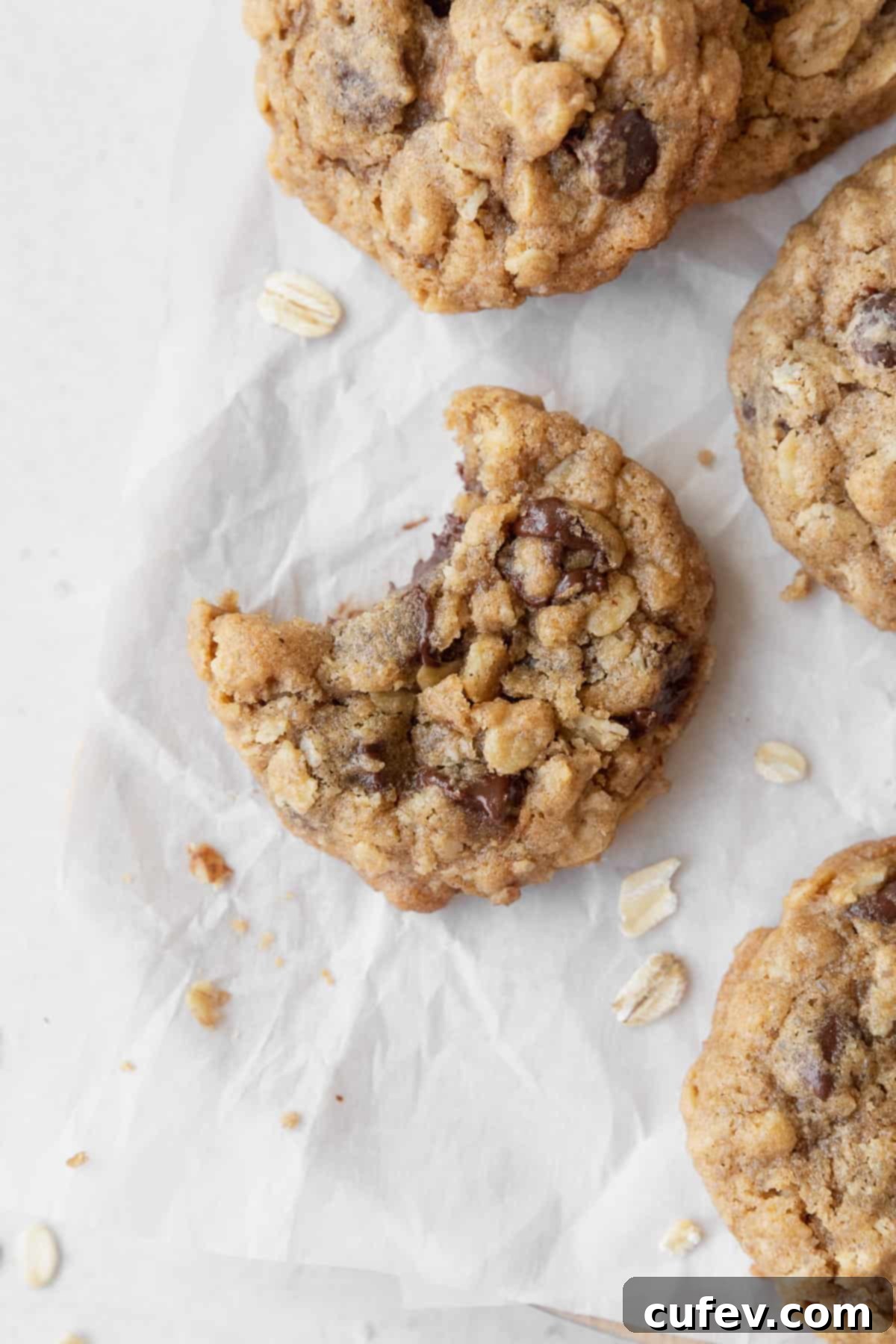 A bitten gluten free oatmeal cookie on a piece of parchment paper with more cookies and oats scattered around.
