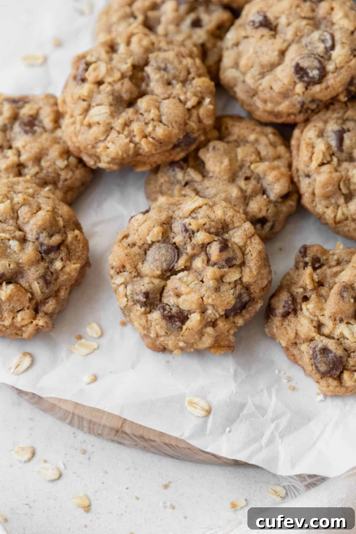 Gluten free oatmeal cookies with chocolate chips on a piece of parchment.