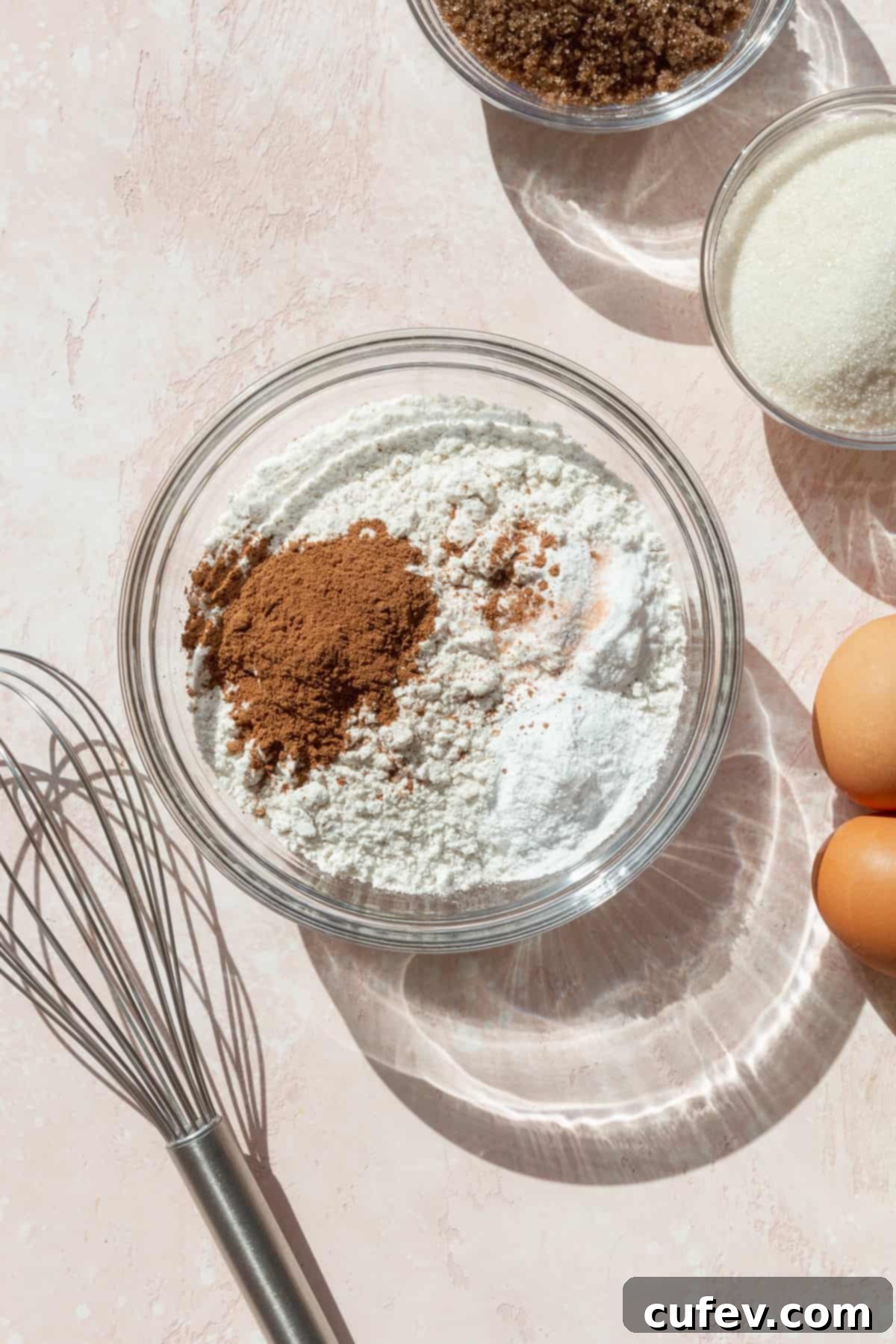 Autumn Spiced Pumpkin Squares 5 Dry ingredients including flour, salt, baking soda, baking powder, and pumpkin pie spice in a clear glass bowl, with a wire whisk beside it.