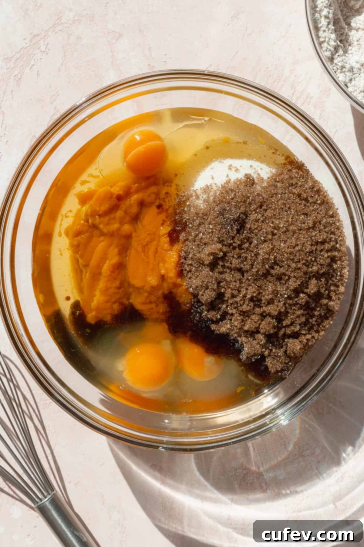Autumn Spiced Pumpkin Squares 6 Wet ingredients for pumpkin bars, including pumpkin purée, eggs, oil, and both granulated and brown sugar, in a large clear glass bowl before mixing.