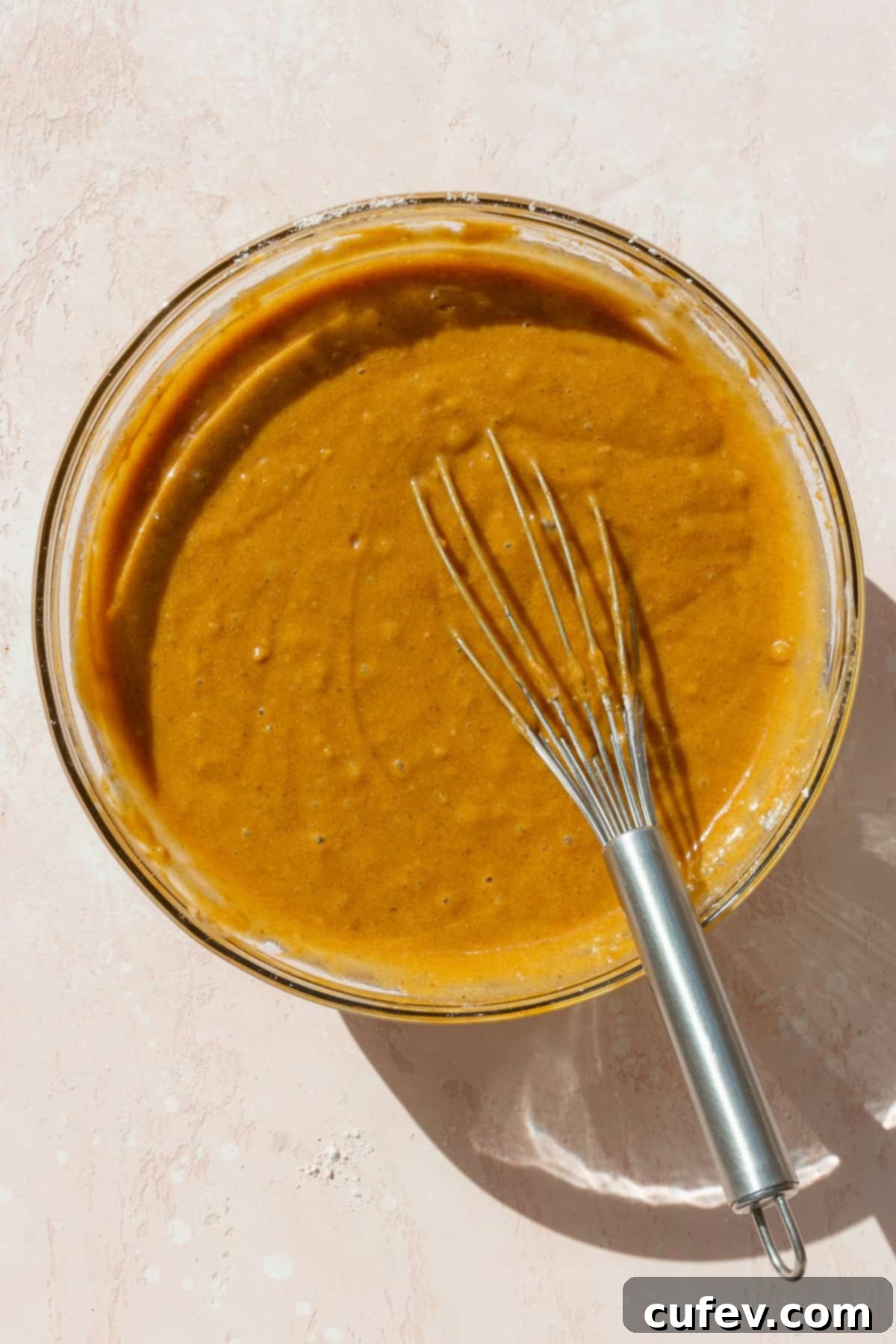 Autumn Spiced Pumpkin Squares 8 The fully combined pumpkin bar batter in a glass bowl, with a wire whisk resting in it, showing a smooth, consistent mixture.
