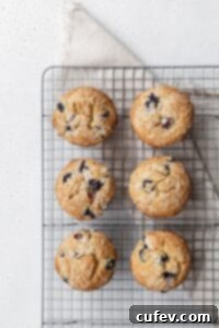 Gluten free blueberry muffins on a wire rack.