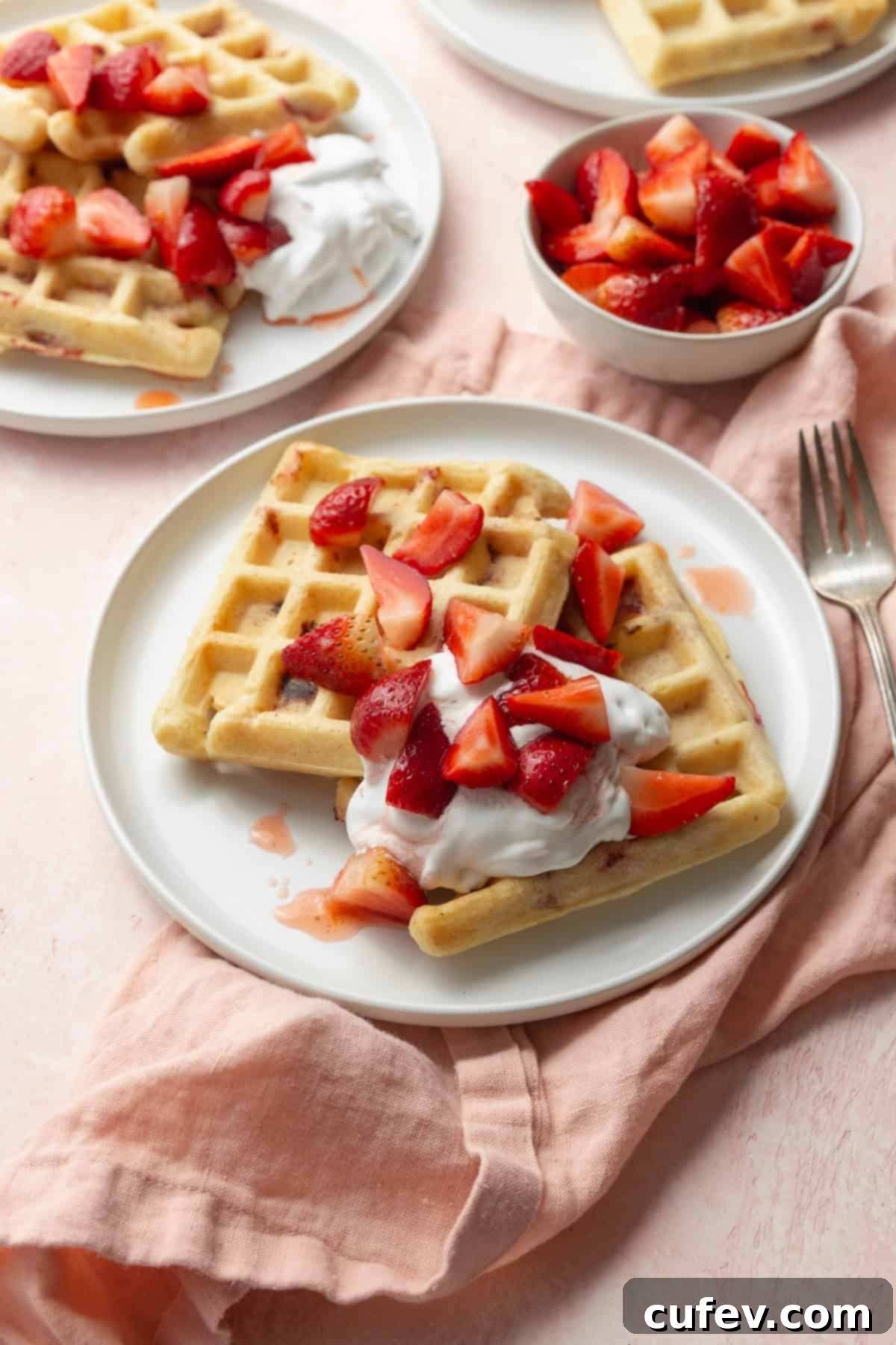 Freshly made strawberry waffles on a pristine white plate, elegantly garnished with a generous dollop of whipped cream and perfectly sliced fresh strawberries. In the soft-focused background, another plate of golden waffles and a small bowl brimming with bright red strawberries complete the inviting scene, highlighting a perfect breakfast or brunch.