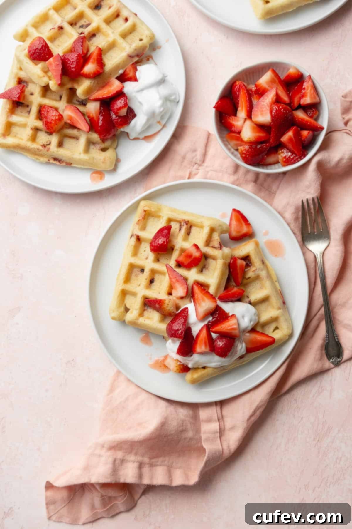 Two plates of golden-brown strawberry waffles, generously topped with an extra scattering of fresh strawberry pieces, are arranged artfully next to a small bowl filled with whole, ripe strawberries. The ensemble rests on a charming pink surface, accompanied by a soft pink napkin, creating a vibrant and inviting breakfast spread.
