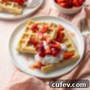 A beautifully presented stack of two strawberry waffles on a white plate, adorned with a cloud of whipped cream and delicate slices of fresh strawberries. The plate rests on a charming pink napkin, all situated on a vibrant pink surface, creating an inviting and delicious visual for breakfast.