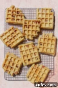 A freshly cooked batch of golden-brown waffles, with visible pockets, are cooling on a wire rack, allowing air to circulate and maintain their crispness.