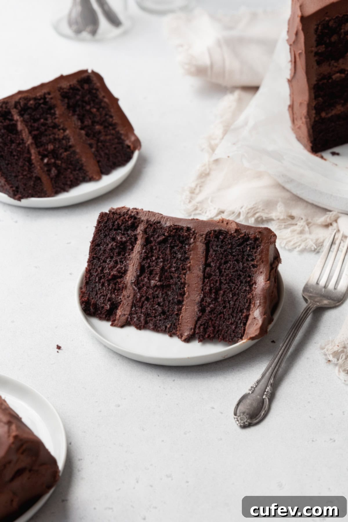 A perfectly sliced piece of gluten-free chocolate cake adorned with rich frosting, resting on a small white plate with a silver fork beside it. Blurred in the background, more cake slices hint at the full, delicious dessert.