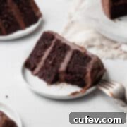 A bitten slice of deeply rich gluten-free chocolate cake, topped with smooth chocolate frosting, presented on a small white plate.