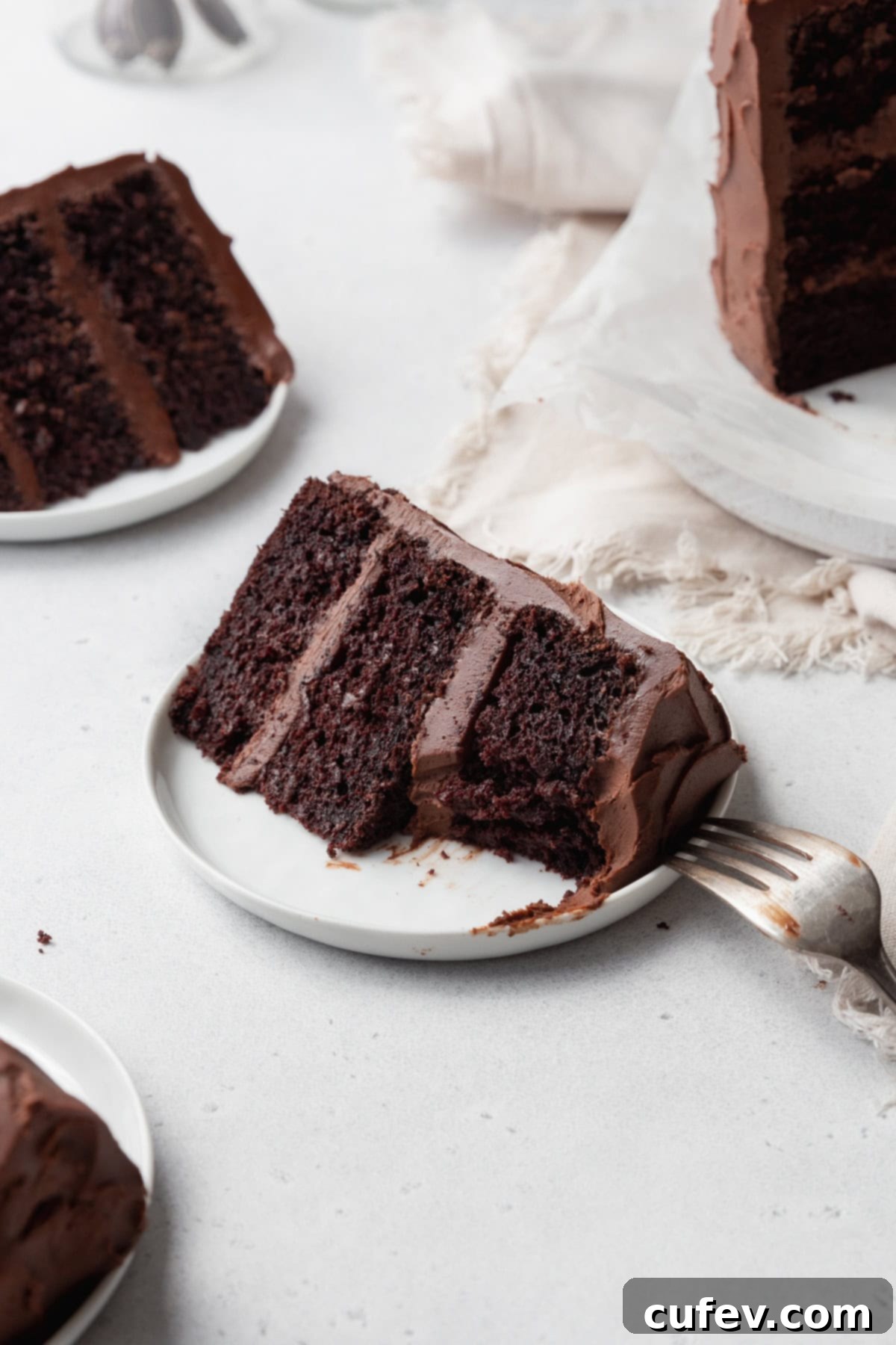 A close-up of a slice of gluten-free chocolate cake with a bite taken out, showing its moist, tender interior and rich chocolate frosting.