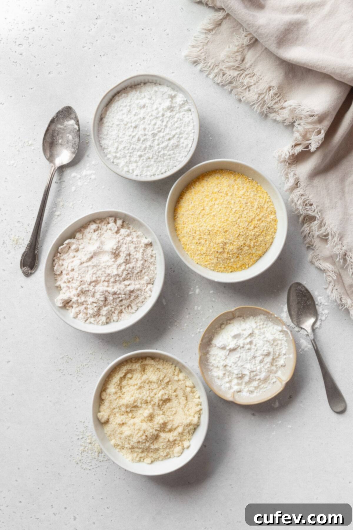 Bowls of various gluten-free flours, including almond, rice, and oat, arranged on a clean white surface with a decorative linen beside them. This image visually represents the diversity and availability of gluten-free baking ingredients.