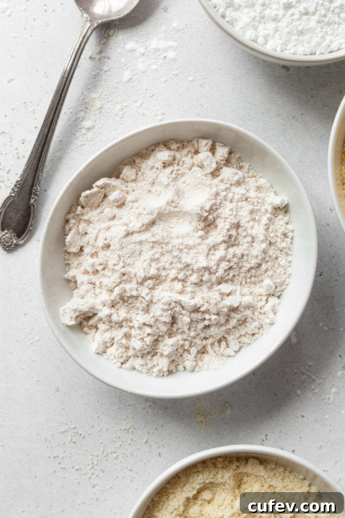 A wooden bowl filled with gluten-free all-purpose flour, surrounded by smaller bowls containing various individual gluten-free flours and starches, all on a light countertop.