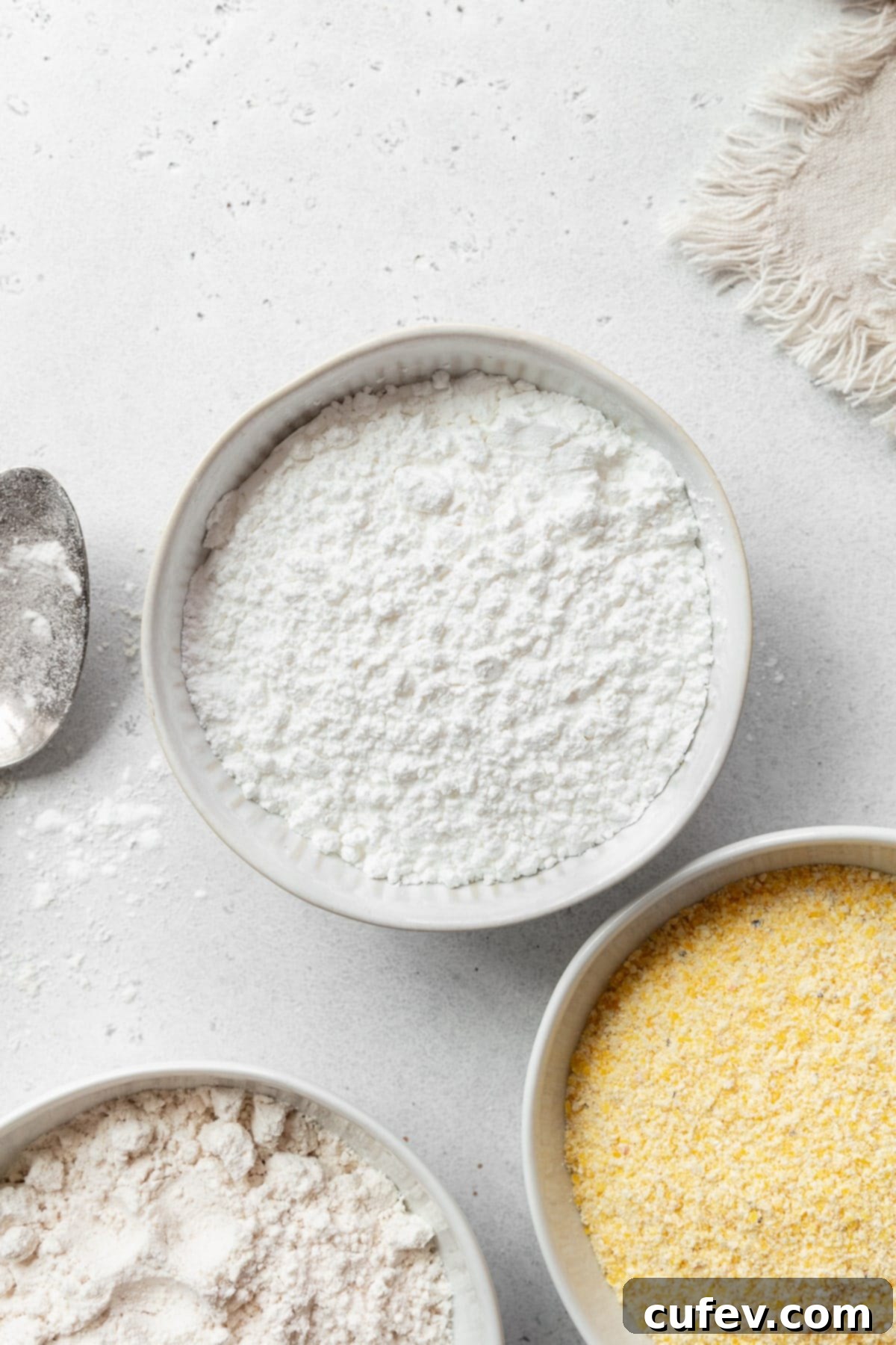 A bowl of fine white rice flour next to a bowl of yellow cornmeal, illustrating the differences in texture and color between these two common gluten-free flours.