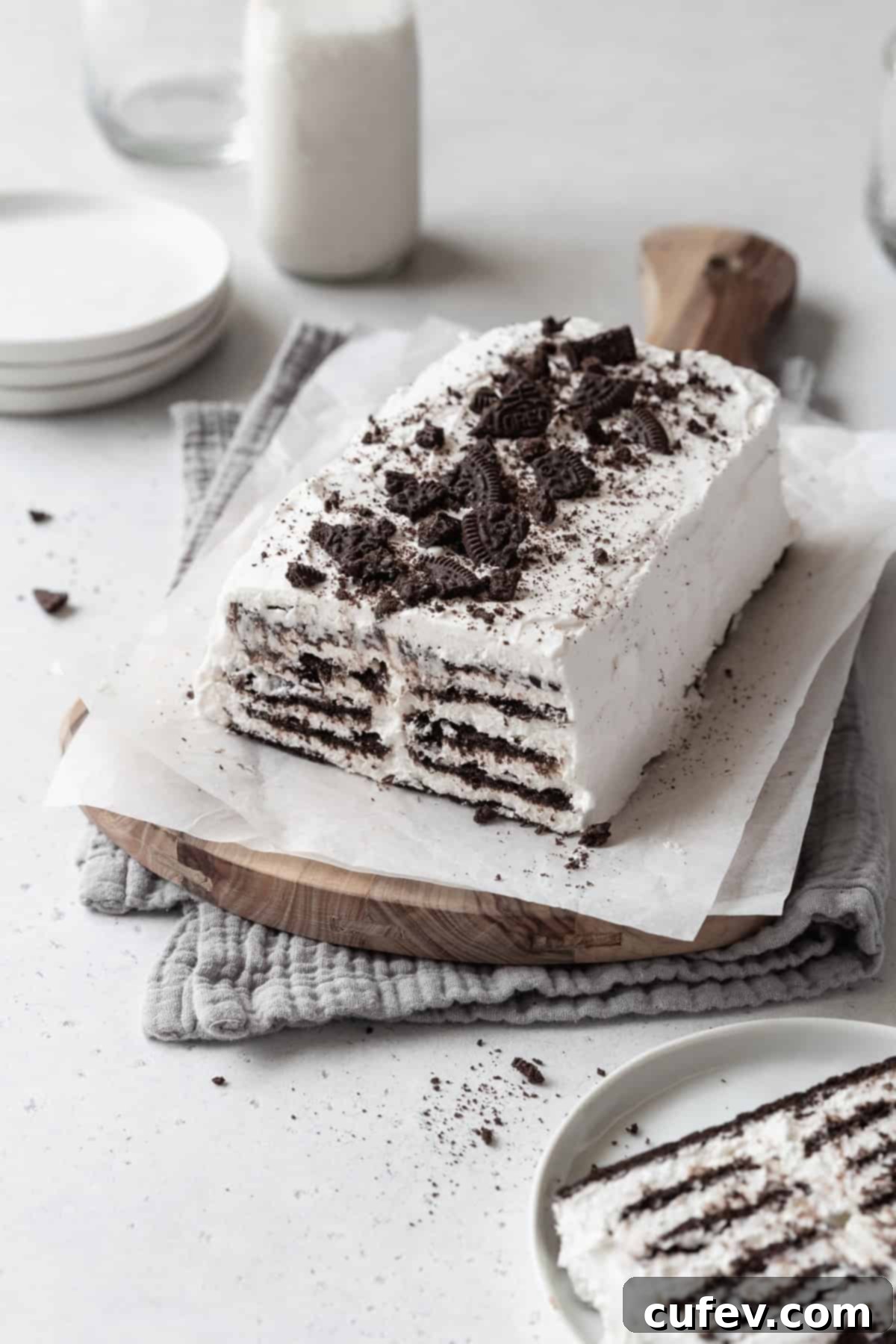 Velvet Chill Cake 3 A beautifully prepared icebox cake loaf, topped with a generous sprinkle of cookie crumbs, resting on a parchment paper-lined wooden cutting board, ready for chilling.