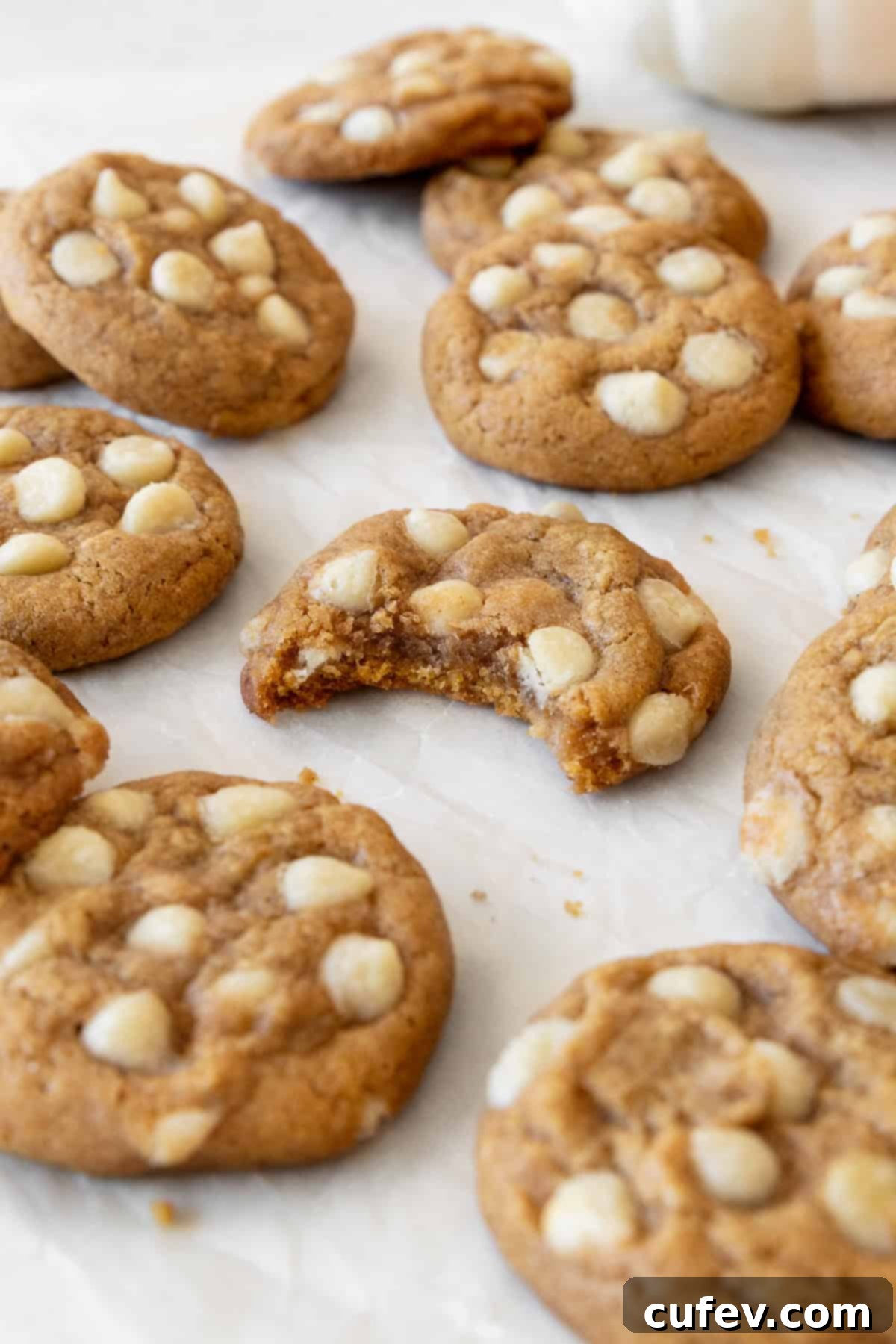 A bitten gluten free pumpkin cookie surrounded by more cookies on a piece of parchment paper.
