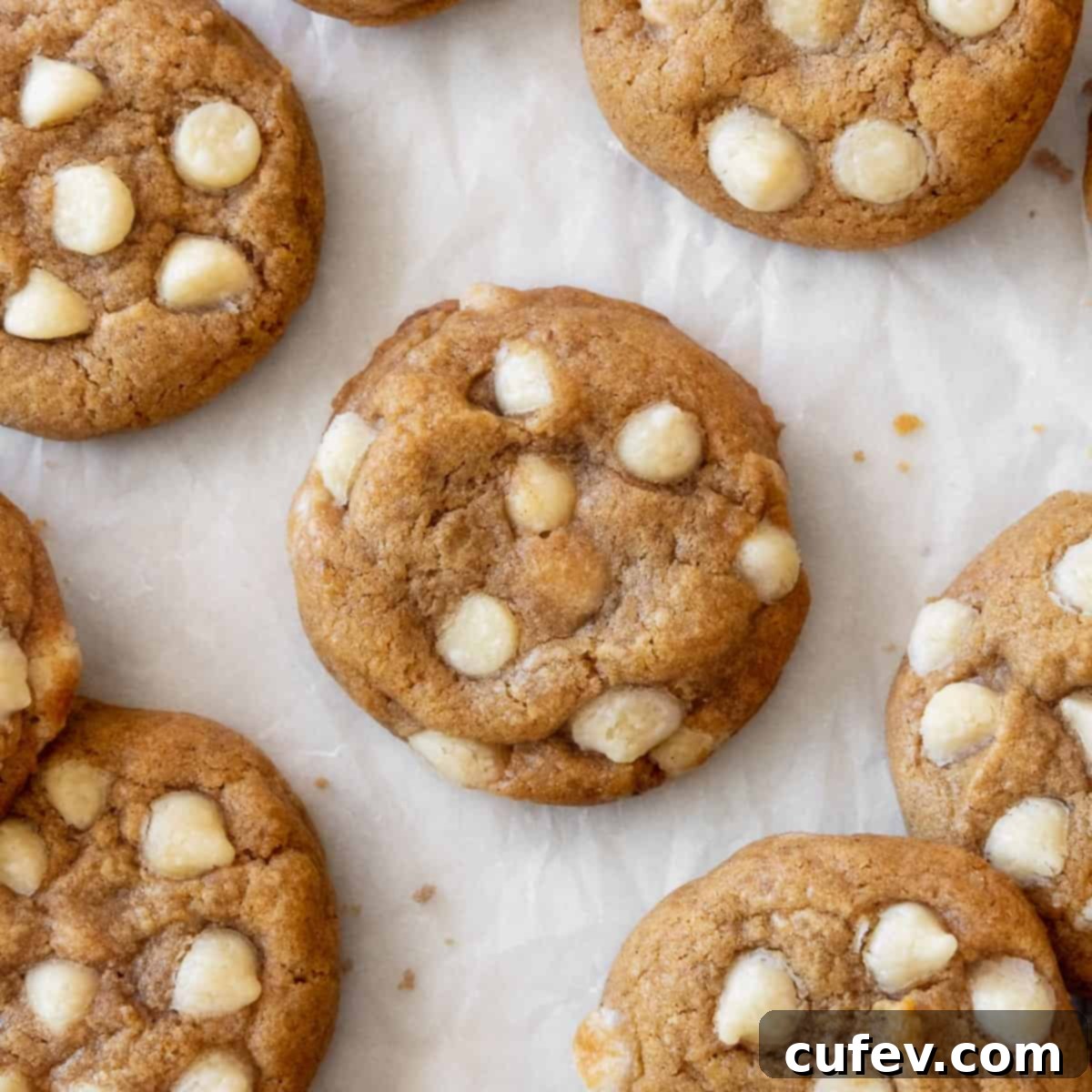 Gluten free pumpkin cookies with white chocolate chips on parchment paper.