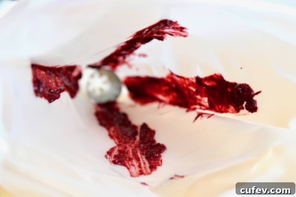 The vibrant blackberry paste creates a beautiful, artistic swirl within the creamy corn frosting, adding both color and flavor.