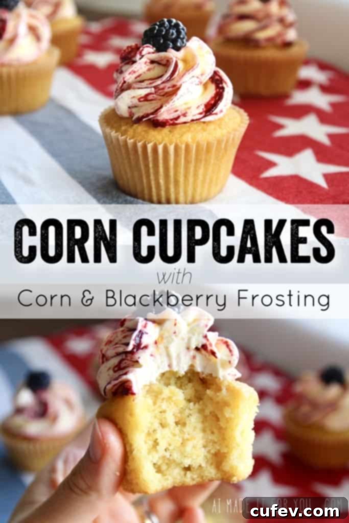 These corn cupcakes are jam packed with corn! There’s corn in the fluffy cupcakes, and corn in the silky buttercream frosting, kissed with tart and fruity blackberries! It’s the perfect cupcake to serve at your Fourth of July BBQ! #corn #corncupcakes #cornmuffins #cornfrosting #frosting #buttercream #blackberry #blackberries #fourthofjuly #fluffy #moist #4thofjuly #independenceday #bbq #barbecue #july #summer