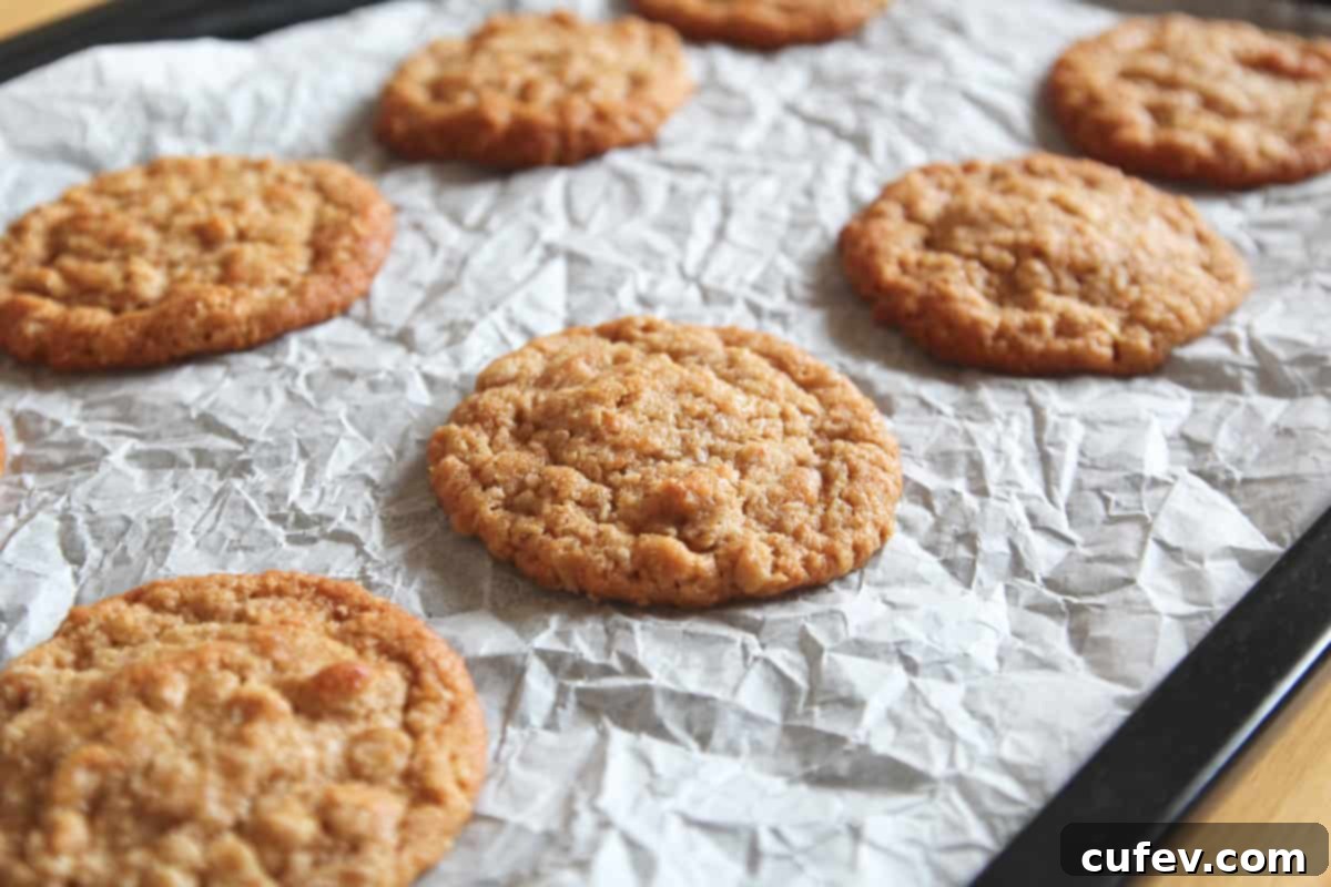 Baked oatmeal cookies on a parchment paper lined baking sheet.