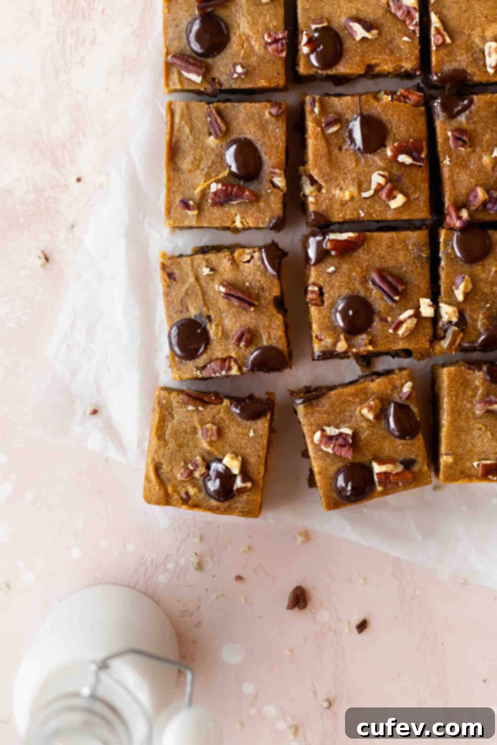 Close-up of freshly baked pumpkin spice blondies featuring melted chocolate chips and visible pecan pieces