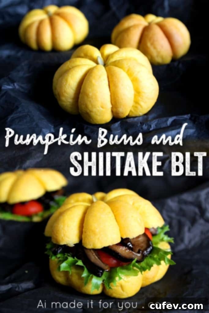 A beautifully presented Shiitake BLT sandwich on a fluffy homemade pumpkin bun, a savory and festive vegetarian meal for Halloween or fall.