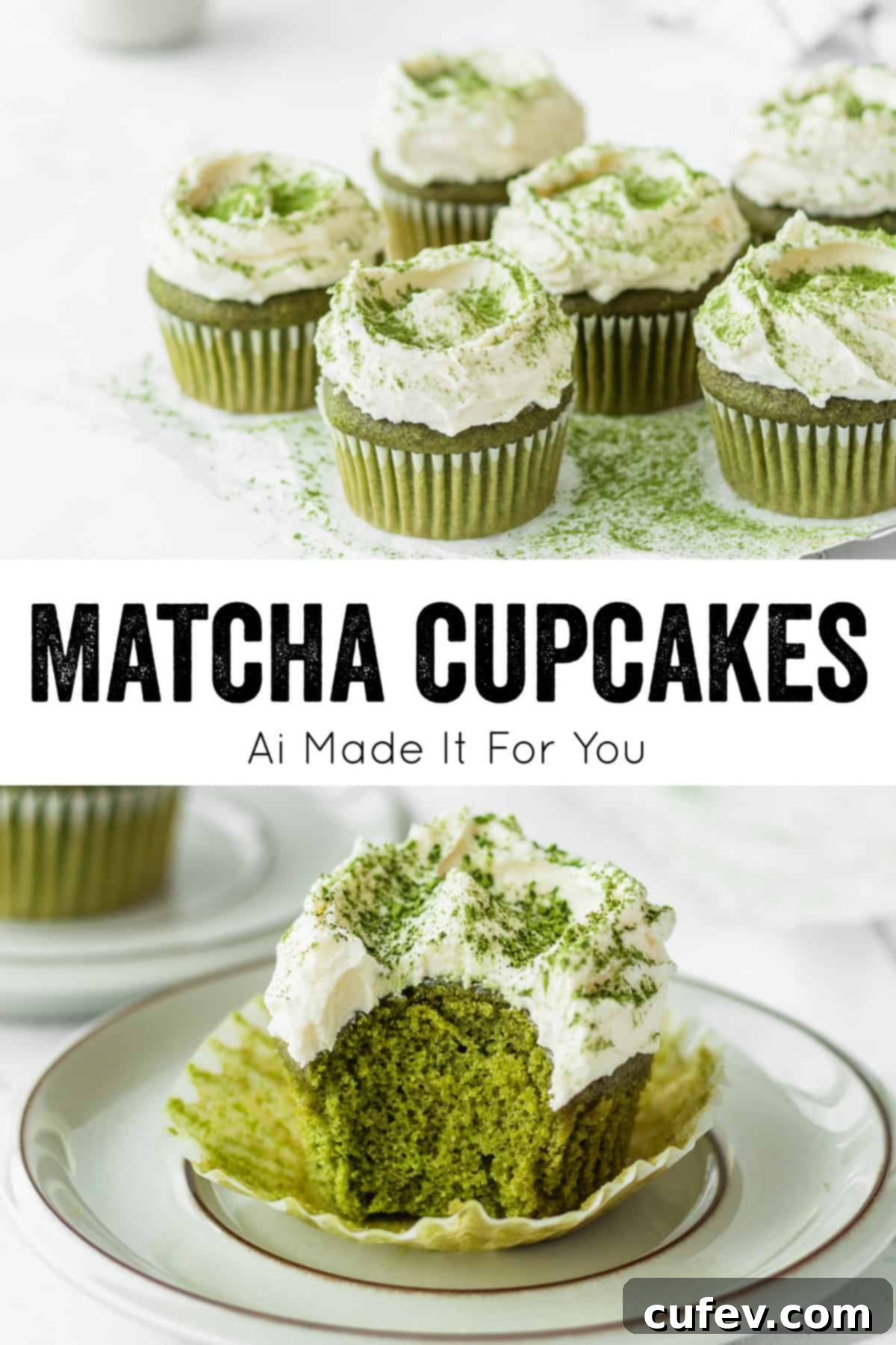 Fluffy matcha cupcakes with white chocolate frosting arranged on a platter