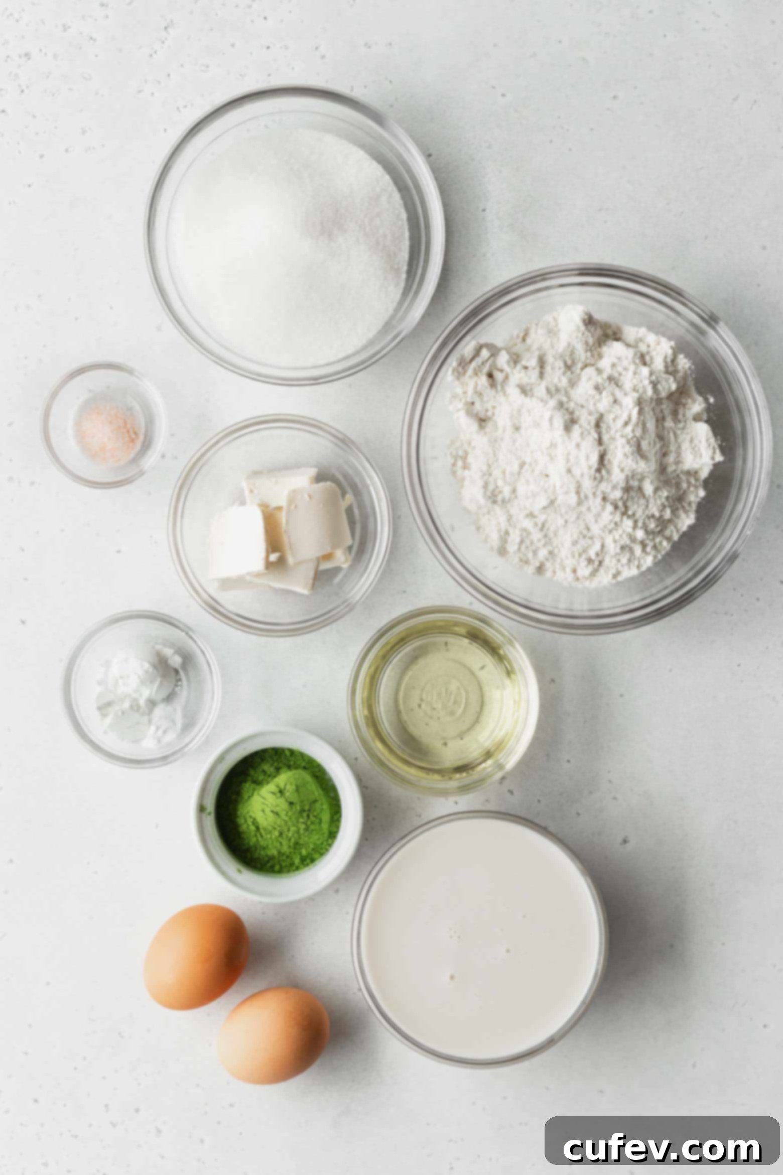 All the ingredients for making matcha cupcakes laid out