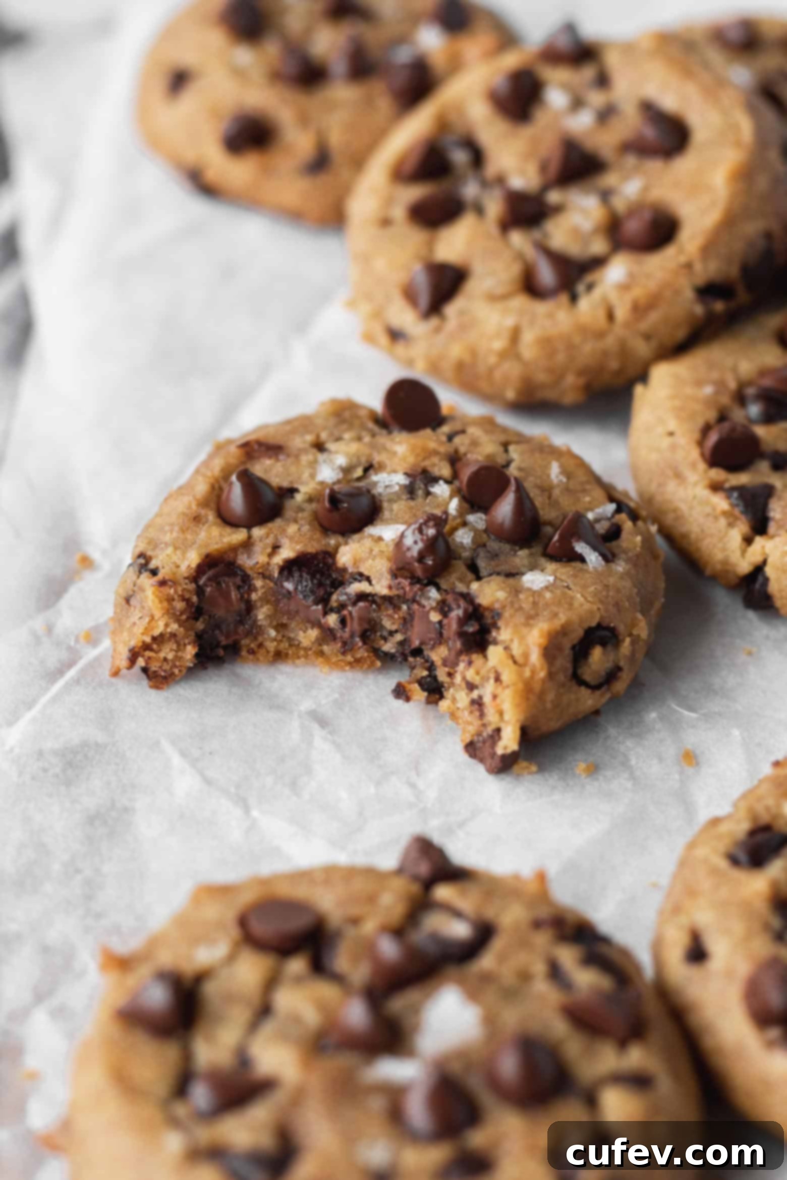 A bitten chocolate chip chickpea cookie revealing its soft, chewy interior.