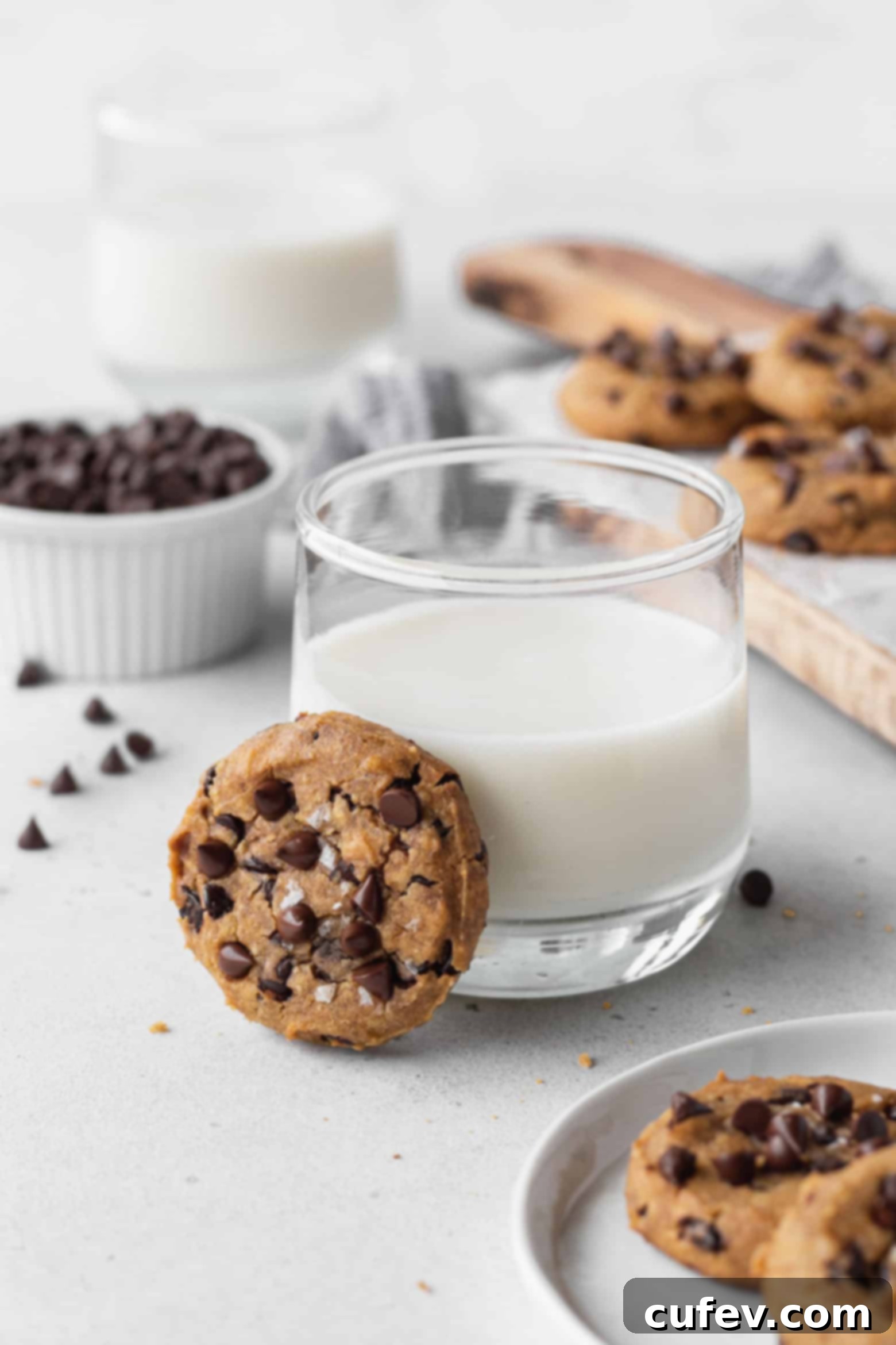 A chocolate chip cookie leaning against a glass of milk, inviting a snack.