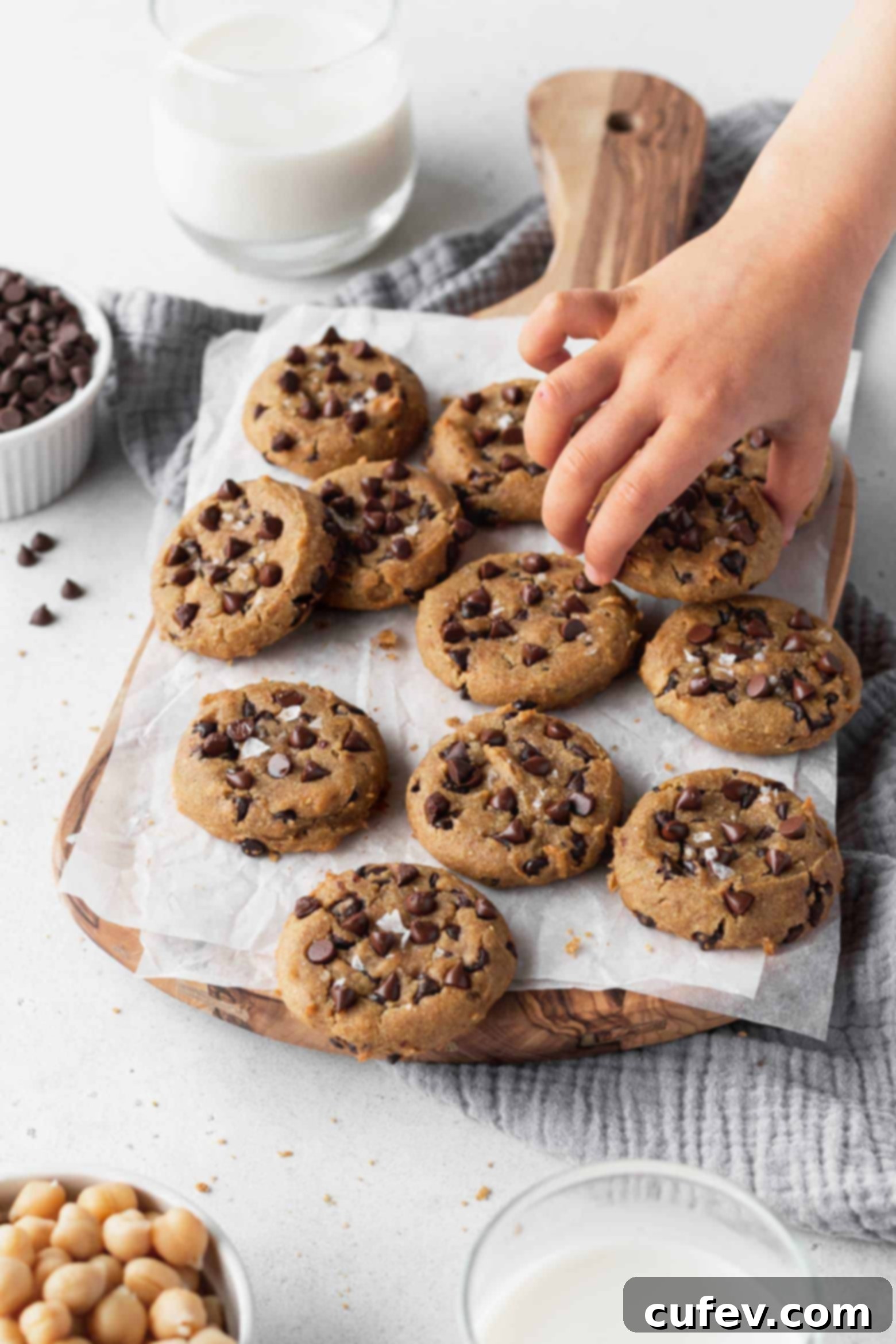 A child's hand reaching playfully towards a stack of freshly baked chocolate chip chickpea cookies.