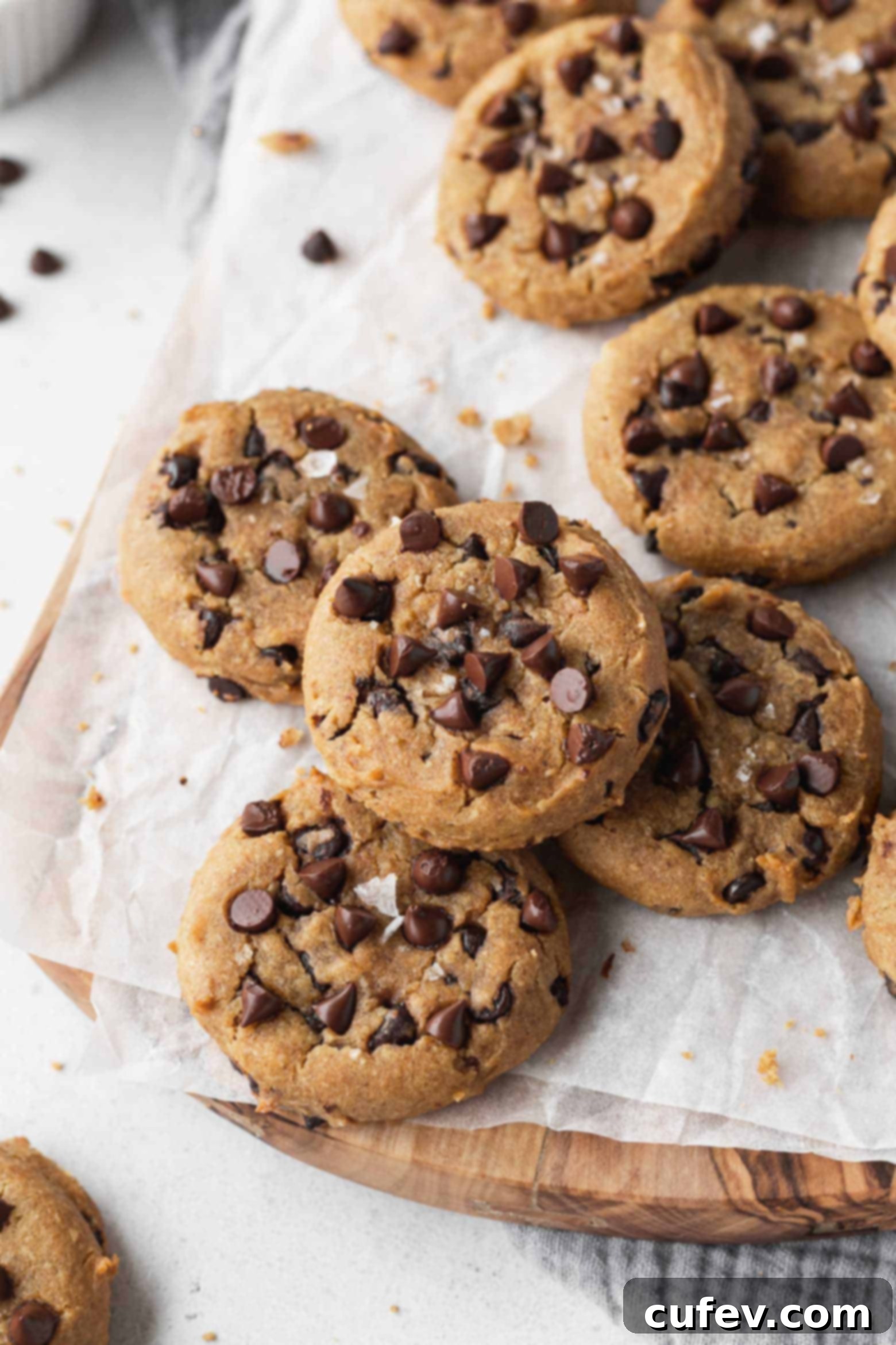 A rustic arrangement of chocolate chip chickpea cookies on a wooden board.